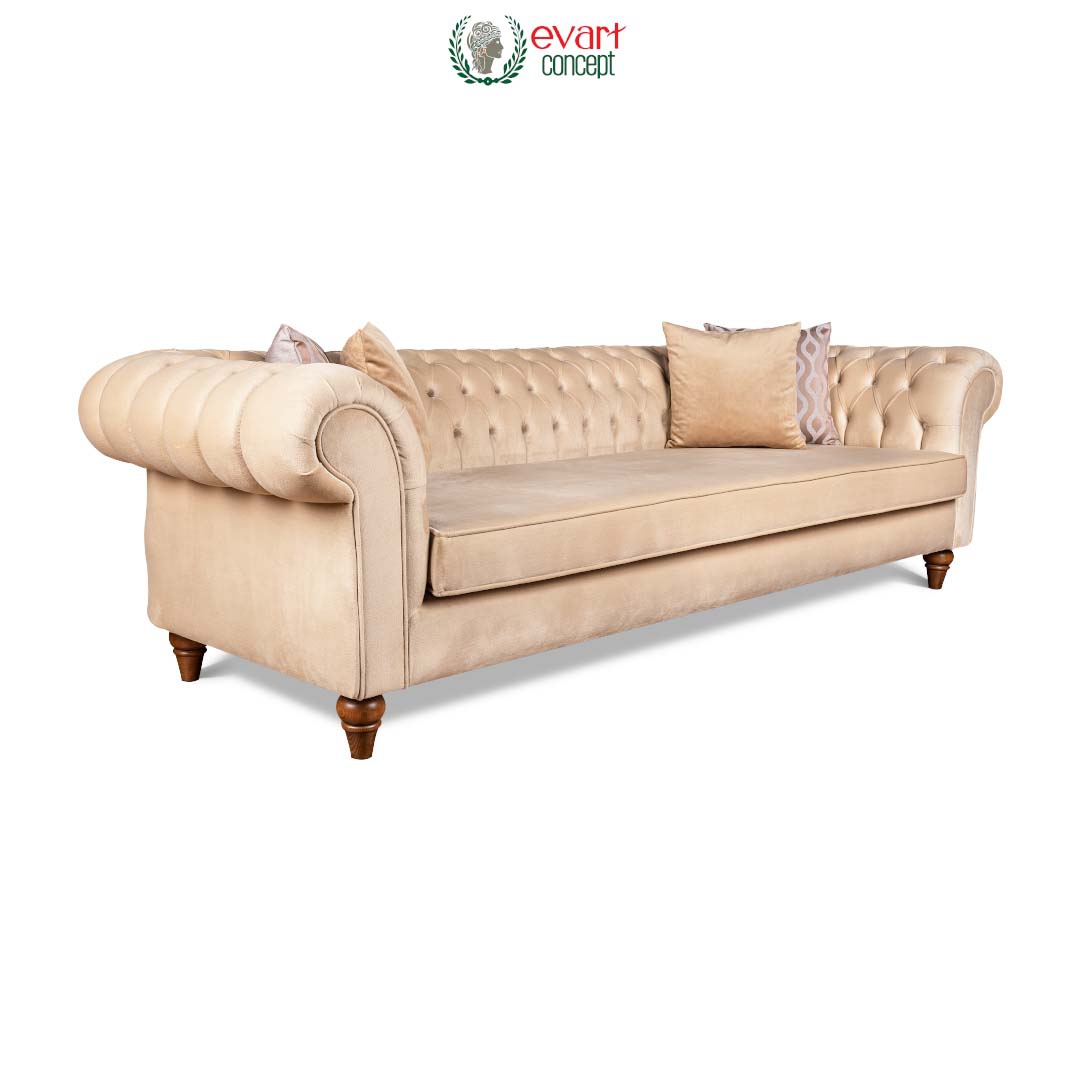 Huka 4lü Ahşap Chester Kadife